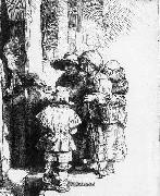 REMBRANDT Harmenszoon van Rijn, Beggars receiving alms at the door of a house